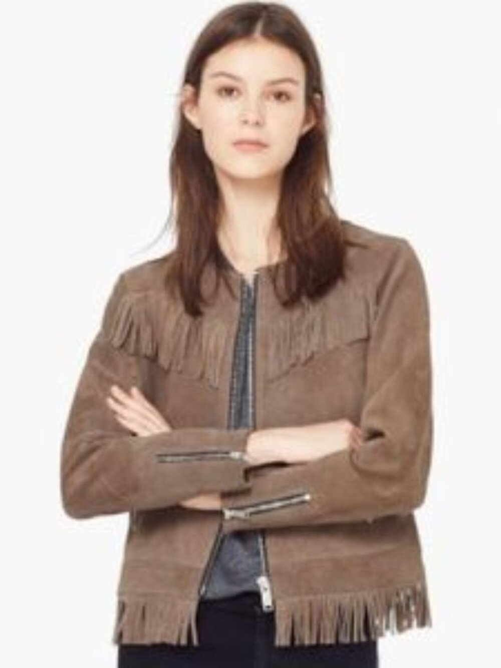 Mango Suede Fringe Jacket Taupe Beige - Small